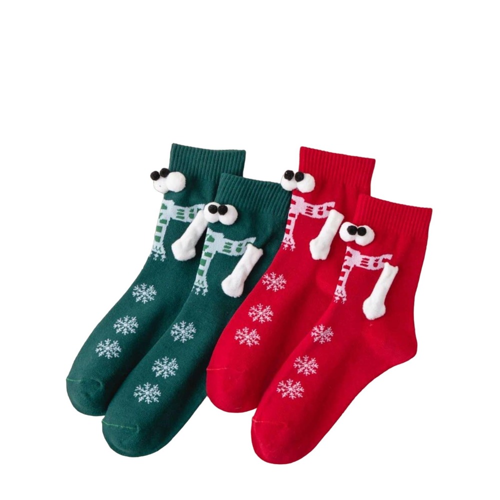 2 Pairs UNISEX Red Green Christmas Snowflake Plush Eye Magnet Socks-S36-39